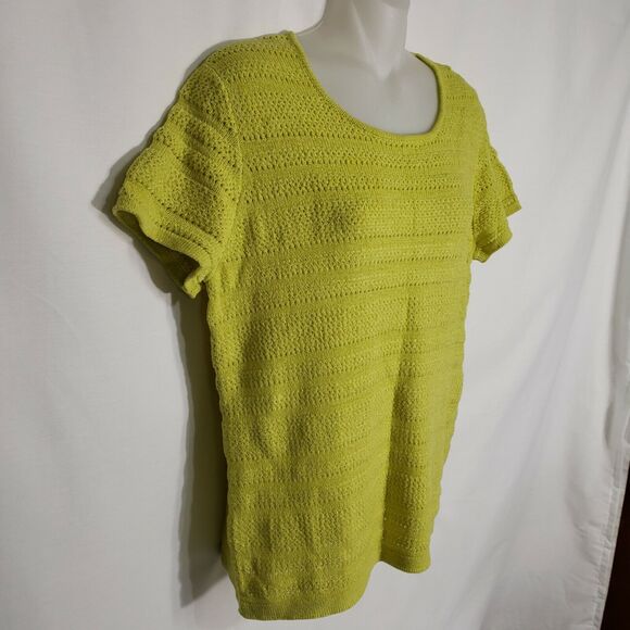 Evan Picone Womens Top Large Open Mesh Knit Yellow Green Short Sleeve Sweater - Picture 5 of 11